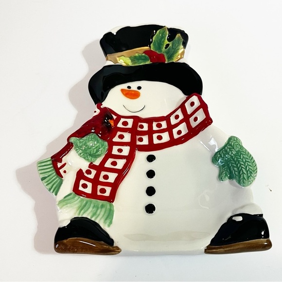 Fitz & Floyd Holly Berry Snowman Snack Plate with Box 7" - NO SPREADER - Picture 6 of 12